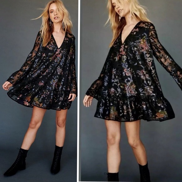 Free People Falling Flowers Sequin Frock Mini Dress Black Floral Small - Picture 3 of 10